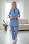 Women's Housemaid Uniform Set with Tunic Top and Matching Trousers, Quarter Sleeve, Mandarin Collar with Half Zip, Contrast Trim Pockets [BS49] (BLUE, M.) - 2
