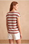 Women's Regular Fit Crew Neck Short Sleeve Ecru / Brown Striped Viscose / Elastane T-Shirt Wilda - 5