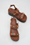 Calivella Brown Beaded Women's Colorful Bead Detailed Daily Double Strap Ankle Strap Wedge Heeled Sandals - 2