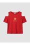 Red Off-The-Shoulder Embroidered Girls' T-Shirt - 4