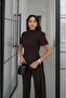 Brown Blouse and Trousers Set with Side Belt Detail - 2