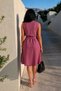Women's Dusty Rose V-Neck Collar Ruffled Front Buttoned Belted Waist Midi Length Dress Arm-26Y001089 - 2