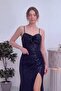 Women's Sequin Draped Slit Adjustable Strap Evening Dress Woven Navy Blue, Black, Indigo - 2