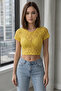 Women's Round Neck Short Lace Patterned Yellow Blouse