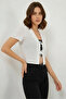Women's V-Neck Crop Short Sleeve Viscose White Blouse - 4