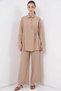 Women's Shirt Collar, Gathered Waist, Lace-Up Viscose Beige Double Set