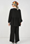 Women's Round Neck Regular Front Lace-Up Black Two-Piece Set - 7