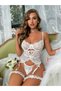 White Lace Garter Lingerie Set, Bridal Bustier with Thong & Stocking Clips, Floral Lace Underwire Corset, XL Size - 2