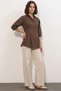 Women's Short Sleeve Pleated Detail Brown Shirt - 3