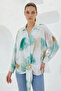 Women's Belted Draped Oversized Patterned Satin Green Ecru Shirt - 5