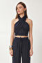 Halter Neck Linen Top and Bottom Set Lby0059 Dark Blue - 3
