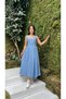 Strawberry Fabric Belt Detailed Midi Length Blue Dress