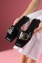 Palma Black Wrinkled Patent Leather Stylish Women's Daily Slippers with Gold Buckle - 2