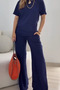 New Season Women's Short Sleeve Crew Neck Viscose Two Thread Blouse and Trousers Two-Piece Casual Set - 3