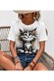Women's Short Sleeve Crew Neck Cat Printed Single Jersey Blouse