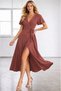 Women's short sleeve double-breasted collar waist belted slit midi viscose dress
