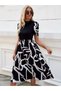 Women Short Sleeve Semi Turtleneck Top Viscose Bottom Print Woven Midi Dress - 8