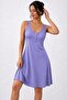 Women's round neck button detailed short viscose dress with straps - 2