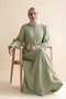 Olive Green Women's 100% Cotton Muslin Fabric Waist-Tied Drawstring Buttoned High Collar Long Hijab Dress Anti-Sweat Summer Dress - 5