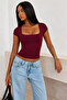 Women's Square Neck Viscose Fabric Combed Cotton Short Sleeve Slim Fit Crop Blouse - 2