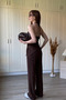 Halter Neck Asymmetrical Brown Trouser Suit with Gold Accessories - 3