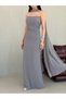 Gray Strapless Draped Evening Dress with Shawl Detail - 6