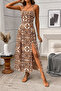 New Season Women's Rope Strap Cross Tie Back Detail Slit Patterned Midi Single Jersey Dress - 2