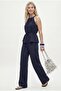 Women's Giselle Halter Neck Tie Blouse Elastic Waist Pants Woven Navy Blue Bottom Top Set - 2