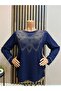 Women's Middle Age and Above Choker Patterned Crystal Stone Mother Combed Cotton Blouse