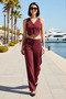 Women's Plus Size V-Neck Sleeveless Button Crop Vest Wide Leg Pants Set Knitted Casual Comfortable