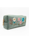 Mint Green Floral Embroidered Velvet Makeup Bag & Organizer 19X7.5X7 cm - 2