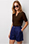 Women's Bitter Brown Viscose Polo Collar Openwork Draped Knitwear Blouse Blz-19003363 - 2