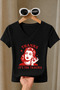 Women's Retro Women's Figure Printed Text Printed Basic Daily Use V-Neck Slim Fit Lycra T-Shirt - 3