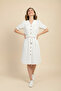 Women's White Linen Look Midi Belted Buttoned Dress with Elastic Sleeves - 4