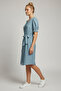 Women's Light Turquoise Blue Linen Look Midi Belted Buttoned Dress with Elastic Sleeves - 2