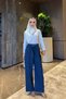 Dark Blue Belted Denim Palazzo Trousers - 4