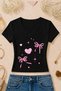 Women's Pink Bow Heart Printed Basic Daily Use V-Neck Slim Fit Lycra T-Shirt