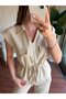 Silver Zipper Detail Linen Suit - Stone - 3