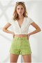 Women's Oil Green Folded-Cuff Shorts with Detailed Stitching and Pockets Shrt-19000095 - 3