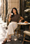 Women's Brown Contrast Ribbed Polo Collar Crop T-Shirt - 5