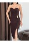 Brown Strapless Sweetheart Neckline Accessory Detailed Slit Midi Evening Dress - 5