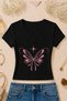 Women's Butterfly Printed Basic Daily Use V-Neck Slim Fit Lycra T-Shirt