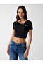 Short Sleeve Karole Asymmetrical Collar Crop Women's Black Blouse W6Yp33K4383-Jblk - 3
