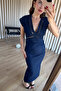Navy Blue Mesh Detailed Slit Denim Dress - 4