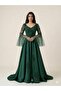 Dark Green Fully Beaded Evening Gown with Sheer Flared Sleeves