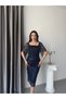 Navy Blue Square Neck Shawl Detailed Beaded Embroidered Midi Evening Dress - 2