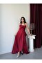 Dark Red Thin Straps Flounce Slit Satin Evening Dress - 3
