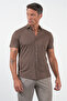 Brown Italian Collar Short Sleeve Pocketless Slim Fit Cotton Shirt 1004260158 - 3