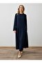 Linen Hijab Dress with Stitching Detail and Pockets - Navy Blue -