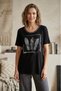 Women's Plus Size Lycra Crew Neck Feather Sim Printed Stoned Short Sleeve Mom T-Shirt Combed Cotton Blouse
